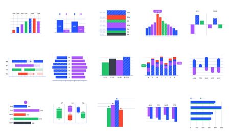Bar charts. Trends statistic graphic, timeline chart and business infographics elements vector set. Company profit graph. Financial and stock market presentation infocharts on white backgroundのイラスト素材