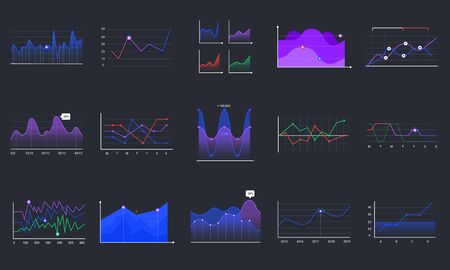 Linear graphcharts. Business graphic charts, line diagrams and business infographics elements vector set. Financial assets analysing. Investment statistics colorful histograms on black backgroundのイラスト素材