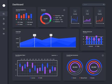 Infographic dashboard. Finance application charts, statistical web page UI screen and statistic chart diagrams vector template. Financial audit, business data graphic and income dynamicsのイラスト素材