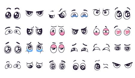 Cartoon eyes. Comic watching eye, funny facial eyes expressions and human emotions happy and crying sad doodle pair eye vector illustration set. Angry eyes, scared and surprised glance stickersのイラスト素材