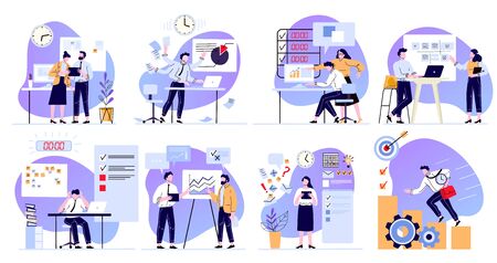 Organized office work. Task planner, time management and working productivity. Tasks deadline schedule flat vector illustration set. Efficient workflow organization. Teamwork process optimizationのイラスト素材