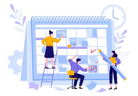 Managers team organize project calendar. Professional manager workers, working time planner calendars and teamwork activity organization plan vector illustration. Daily reminder, task organizerのイラスト素材