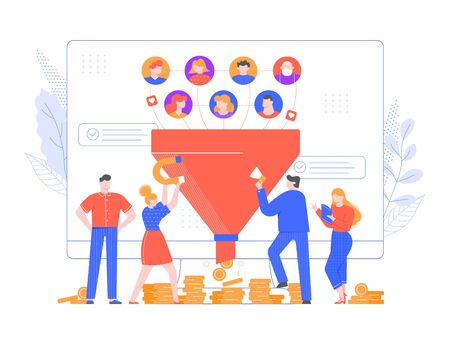 Lead generation. Increasing conversion, sales funnel strategy and generating or attracting new loyal leads vector illustration. Online monetization, market growth. Inbound marketing model, networkingのイラスト素材