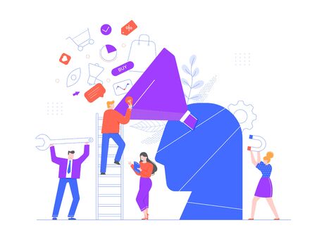 Buyer focused marketing. Promotional strategy, professional marketing team and market growth generating or attracting new loyal leads vector illustration. Sales optimization plan, targeting strategyのイラスト素材