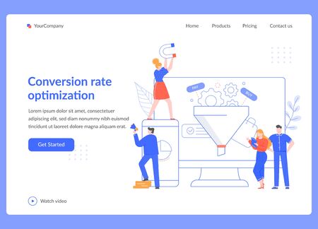 Conversion rate optimization. Sales funnel strategy, SEO optimization and sales statistical tests. Marketing service vector illustration. Social media network, digital business landing page templateのイラスト素材