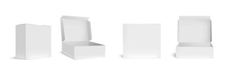 Open and closed white box mockup. Opened packaging boxes, empty rectangular package and realistic packages 3d vector illustration set. Square containers, paper packing isolated cliparts collectionのイラスト素材