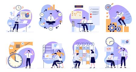 Time management. Scheduling working tasks, deadline schedule and office manager working with computer flat vector illustrations set. Job stress and work productivity. Business workflow optimizationのイラスト素材