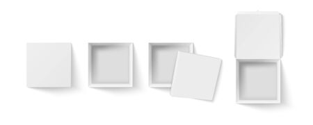 Square box top view mockup. Empty package, white paper gift boxes and pizza packaging realistic 3D vector illustration set. Open and closed parcel containers, paper carton isolated cliparts collectionのイラスト素材