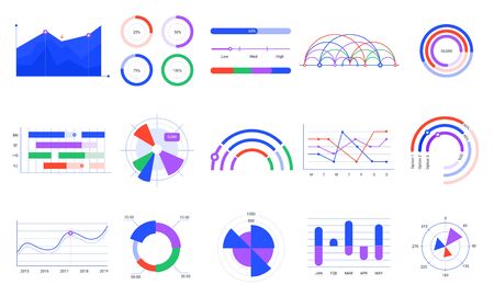 Graph charts. Colorful diagrams, statistics dashboard chart and infographic elements vector set. Stock market graph, financial audit infochart isolated on white background. Sales rate analysingのイラスト素材