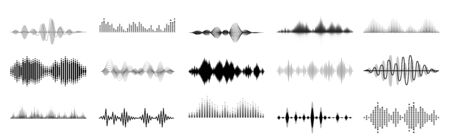 Black sound waves. Abstract music wave, radio signal frequency and digital voice visualisation. Tune equalizer vector set. Monochrome volume audio lines, soundwaves rhythm isolated on white backgroundのイラスト素材