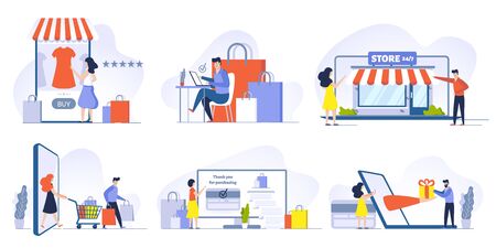 Online shopping, Mobile shopping, internet store and shop website on smartphone vector illustrations set. Buyers ordering and purchasing goods cartoon characters. E shopping and digital technologyのイラスト素材