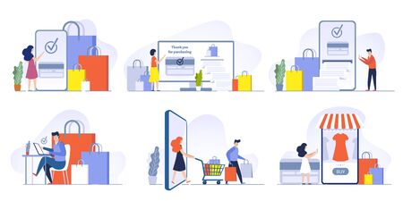 Online store payment. Mobile shopping, pay purchase order and credit card payments from smartphone vector illustration set. Digital technology, e marketing. Customer ordering goods via internet appのイラスト素材