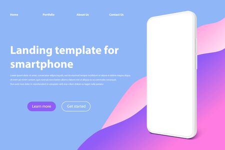 White smartphone landing page mockup. Frameless smartphones screen, mobile app presentation template and mobile phone realistic vector illustration. Modern mobile software advertisementのイラスト素材