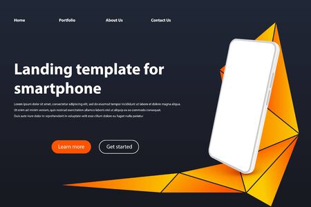 White smartphone landing page template. Modern frameless smartphones screen, mobile phone app presentation template and realistic 3D smartphone mockup vector illustration. Gadget with empty screenのイラスト素材