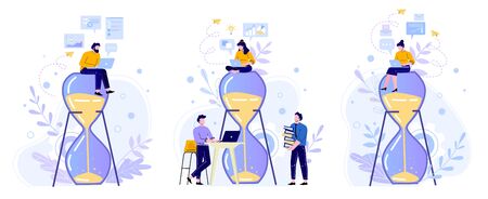Time management hourglass. People work with laptop on sandglass, working hours and team productivity flat vector illustration set. Office workers faceless characters. Productivity conceptのイラスト素材
