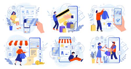 Online store payment. Bank credit cards, secure online payments and financial bill. Smartphone wallets, digital pay technology and modern retail flat vector illustration set. E-payingのイラスト素材