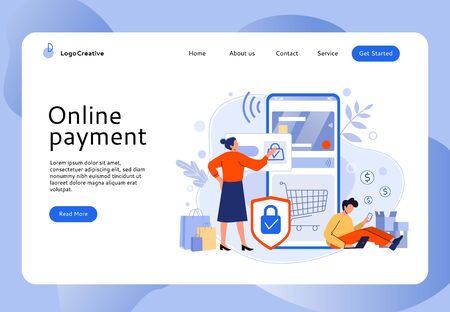 Secure online payment. People buy in mobile store, online shopping and easy website bank card payments vector illustration. E commerce, internet trading, paying contactless website layoutのイラスト素材