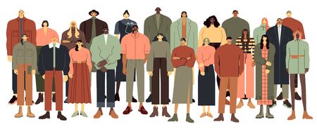 Multi ethnic people group. Multiracial student crowd, multinational young people standing together vector illustration. Male and female multicultural cartoon characters on white backgroundのイラスト素材