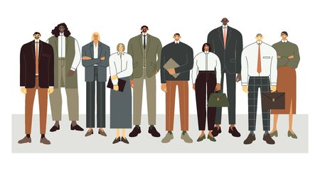 International business team. Business office workers stand together, professional employees crowd and corporate people vector illustration. Group of clerk characters wearing office suitsのイラスト素材
