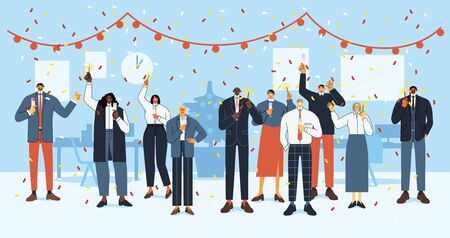 New Year office party. Happy employees celebrate holidays, business office crew christmas party and corporate people celebrate together flat vector illustration. Company staff with sparklersのイラスト素材