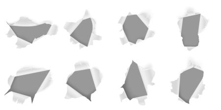 Torn paper hole. Ripped sheet, ragged holes in papers and damaged page realistic 3D vector set. Fractured metallic gaps isolated on white background. Metal break cliparts collectionのイラスト素材