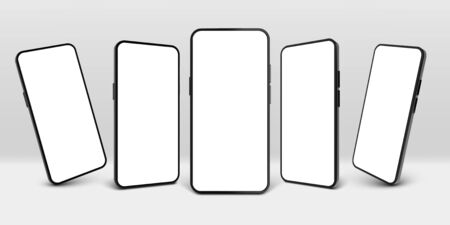 Realistic smartphone mockup. Mobile phone display, device screen frame and black smartphones vector 3D template illustration set. Communication mean, modern gadget model presentationのイラスト素材