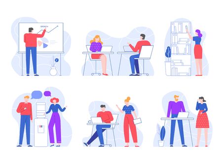 Office workers. People workspaces with laptop on table, employees work together and water cooler talk flat vector illustration set. Colleagues communication at workplace, working process packのイラスト素材