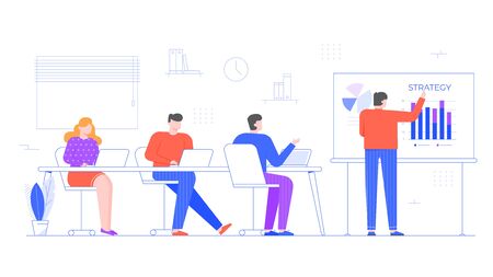 Office team on presentation. Interactive project presentations, strategy presenting to partners, colleagues or work group. People in conference room flat vector illustration. Analytics and planningのイラスト素材