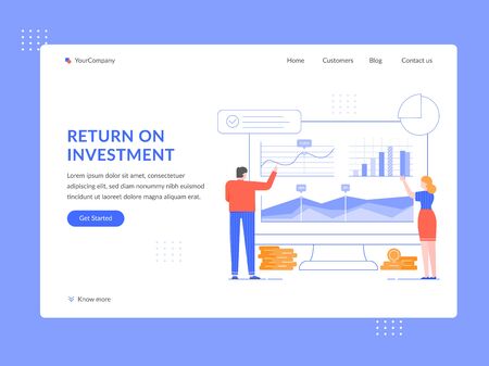 Return on investment. ROI analytics, people analyze financial strategy and income growth graphs landing page template flat vector illustration. Investor cartoon characters web banner, homepage designのイラスト素材