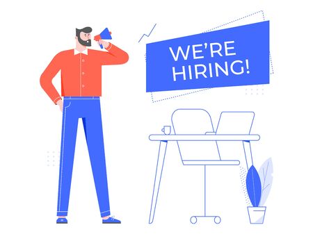 We are hiring. Vacant workplace, team manager hiring new staff and hire employee in office. Headhunter flat vector illustration. Recruiting and vacancy announcement banner templateのイラスト素材