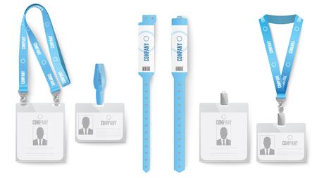 Identification card badge. Event identification cards, badges on lanyard and blue ID mockup realistic vector set.Employee pass, access card with neck hangers and clips. Paper wristbands for eventsのイラスト素材