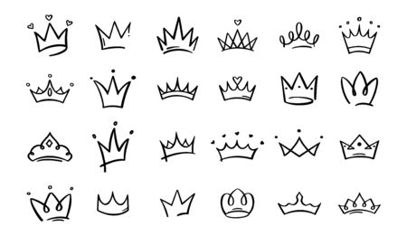 Hand drawn doodle crowns. King crown sketches, majestic tiara, king and queen royal diadems vector. Line art prince and princess luxurious head accessories isolated on white backgroundのイラスト素材
