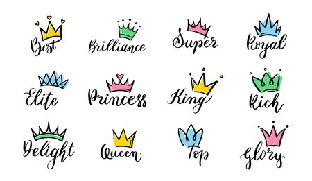 Crown hand drawn lettering. Queen crown icons, calligraphy tiara and colorful diadem vector illustration set. Symbols of royal power pack. Diadem and luxurious decals isolated on white backgroundのイラスト素材