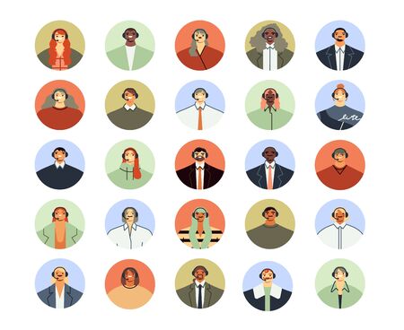 Call center assistant avatar. Client support services, personal phone help assistance and customer support worker profile icon flat vector illustration set. Telephone hotline service operatorsのイラスト素材