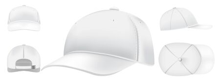 White cap mockup. Sport caps top view, baseball hat and uniform hats views realistic 3D vector set. Casual clothing, fashion, informal style wear. Modern headwear front, top, side, back view packのイラスト素材