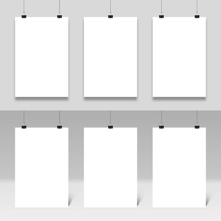Poster mockup hanging on paperclips. Realistic posters frames template vector set. White paper boards with binders. Stationery accessories, office items. Empty placards and secretary devicesのイラスト素材