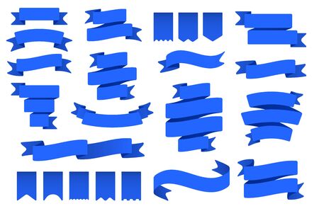 Blue ribbon banners and flags. Flag shape banner, decor tape and curved badge flat vector set. Collection of pennants, labels and streamers. Flaglike objects. Decorative elements, party attributesのイラスト素材