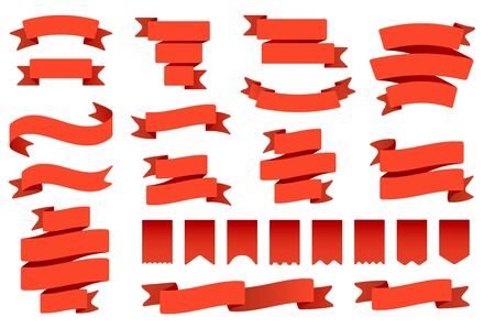 Red ribbon banners and flags. Retro bend tape, vintage banner flag and curved banner isolated flat vector set. Decorative ribbons and streamers. Scarlet pennants and labels. Flaglike dividersのイラスト素材
