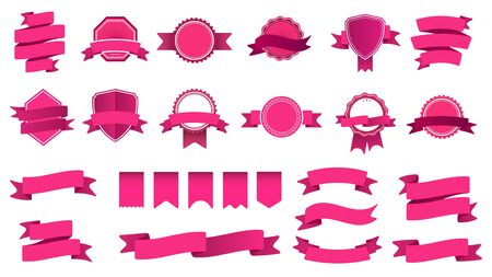 Ribbon banner badges. Frame with tape, abstract decorative shape badge and curved ribbons flat vector set. Collection of pink labels and stamps. Bright ceremonial objects with streamers and bend tapesのイラスト素材