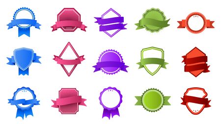 Retro badges with ribbon banners. Vintage color label, stamp frame and modern badge flat vector set.のイラスト素材