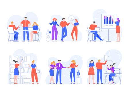 People in office. Training, presentations, meeting and brainstorming, office workers in different business situation vector set. Coworkers chatting at workplace. Colleagues working on business projectのイラスト素材