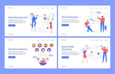 Website branding. Digital marketing, navigating technology and social media vector landing page template. Marketing strategy. Advisory homepage interface layout. Research, advertising, consultingのイラスト素材