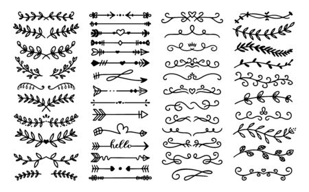 Decorative text dividers. Floral ornament border, vintage hand drawn decorations and flourish sketch calligraphic divider vector set. Curly branches. Swirly design elements, antique decorのイラスト素材