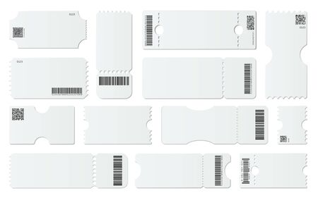 Blank ticket mockup. White tickets with barcodes, empty coupon and admit one ticket template vector set. Vouchers with tear off elements. Qr codes, identification. Raffles. Control passのイラスト素材