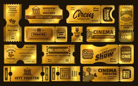Golden tickets. Gold circus show ticket, premium cinema movie night coupon and theatre tickets vector set. Shiny vouchers, invitations. Limited tickets with tear off elements. Vip pass controlのイラスト素材