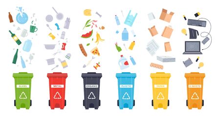 Trash containers. Organic, e-waste, plastic, paper, glass and metal trash containers. Recycling garbage to save the environment vector illustration set. Waste sorting. Recycle idea. Rubbish binsのイラスト素材