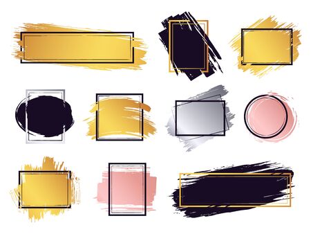 Glamour ink brush frame. Gold frame elements, commercial boxes for text, ink brush stroke border, modern frame design vector isolated set. Collection of geometric frames with glossy ink smearsのイラスト素材