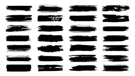 Brush paint strokes. Texture brushes and modern grunge brush lines. Ink brush artistic design element for frame design. Vector isolated elements set. Grungy black swatches. Rough smears and stainsのイラスト素材