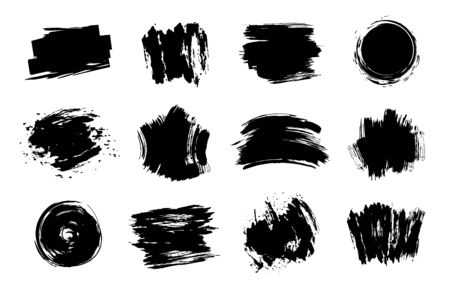 Graphic texture elements. Grunge stroke, artistic texture brush strokes, dirty line design element vector isolated set. Collection of black stains and smears. Gouache brush paints on white backgroundのイラスト素材