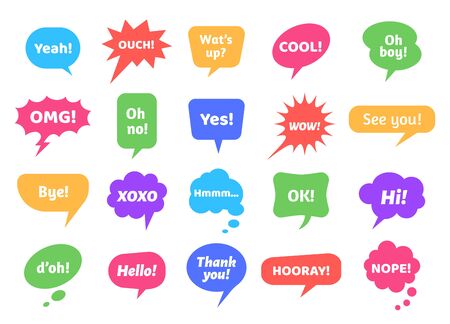 Bubble labels. Abstract doodle speech bubbles with different phrases, text labels and empty thought clouds modern vector icons set. Bright dialogue clouds pack isolated on white backgroundのイラスト素材